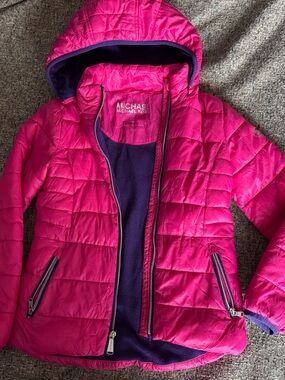 Michael Kors Kids Hot Pink Quilted Hooded Puffer Jacket with Navy Trim